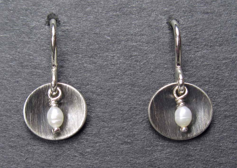 Cupped Antiqued Sterling Earrings with Pearl Center